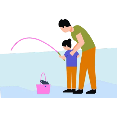 Father teaches his daughter to fish Illustration