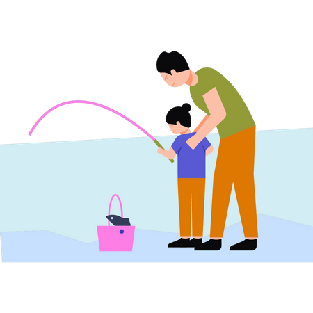 Father teaches his daughter to fish  Illustration