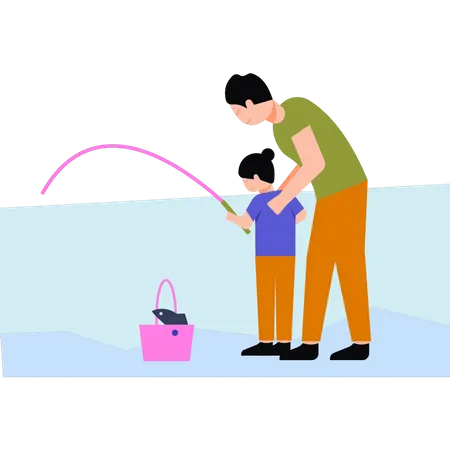 Father teaches his daughter to fish  Illustration