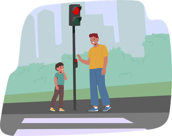 Father Teaching Child Road Safety Rules At Crosswalk With Traffic Light  Illustration