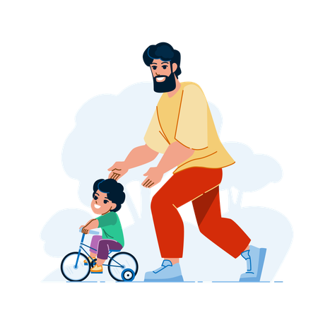 Father teaching cycling to son  イラスト