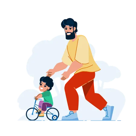 Father Son Bike Vector Dad Child Bicycle Happy Fun Ride Together Park Father Son Bike Character People Flat Cartoon Illustration Illustration