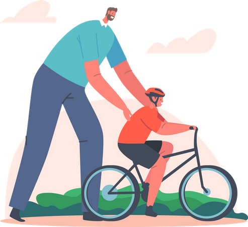 Father teaching cycling to son Illustration