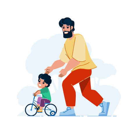 Father teaching cycling to son  Illustration