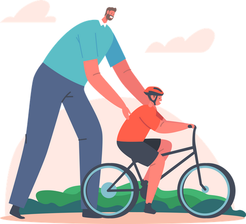 Father teaching cycling to son  Illustration