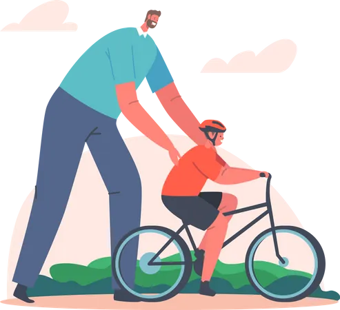 Father teaching cycling to son  Illustration