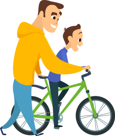 Father teaching cycling to son  Illustration