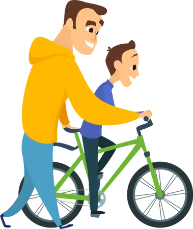 Father teaching cycling to son  Illustration