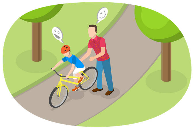 Father teaching cycling to son  Illustration