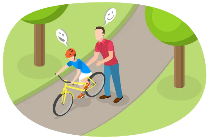 Father teaching cycling to son  Illustration