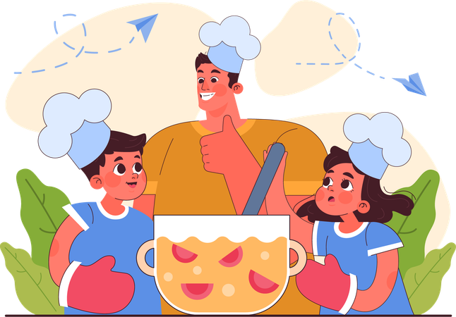 Father teaching how to cook to their children  Illustration