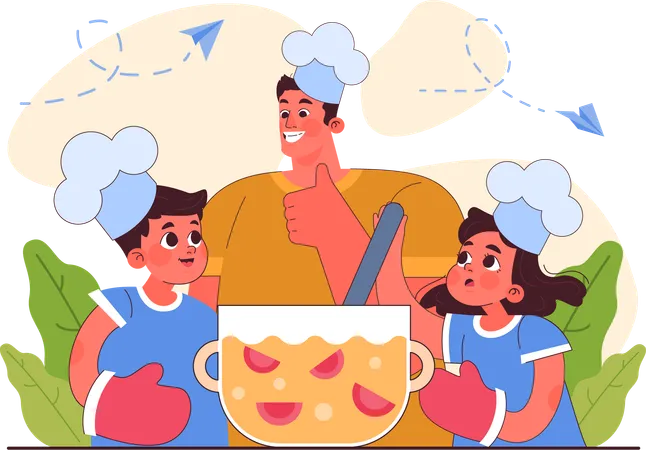 Father teaching how to cook to their children  Illustration