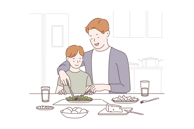 Father teaching how to eat food  Illustration