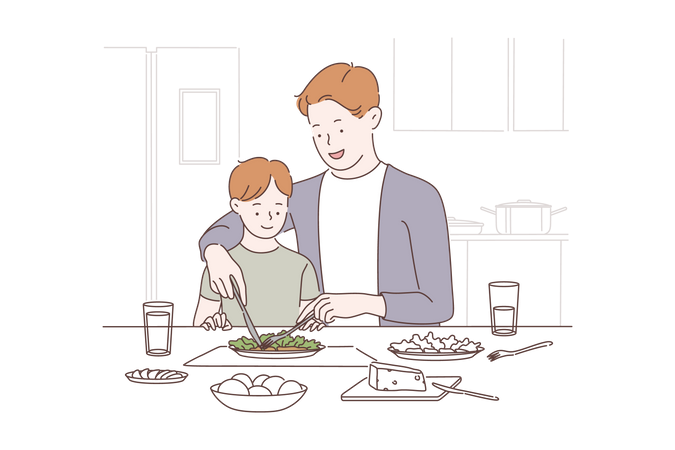 Father teaching how to eat food  Illustration