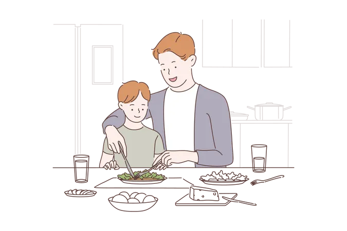 Father teaching how to eat food  Illustration