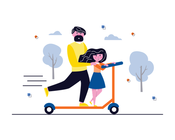 Father teaching kick scooter to daughter  Illustration