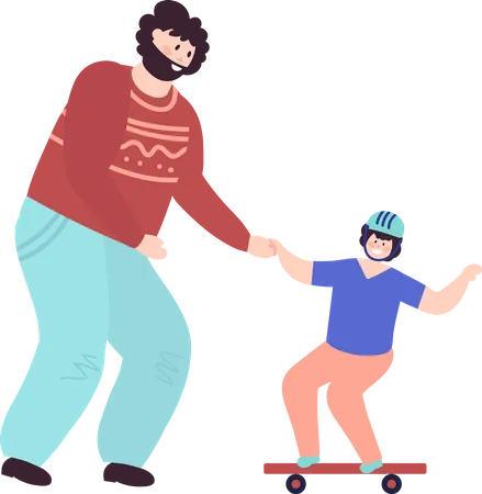 Father teaching son how to ride skateboard Illustration