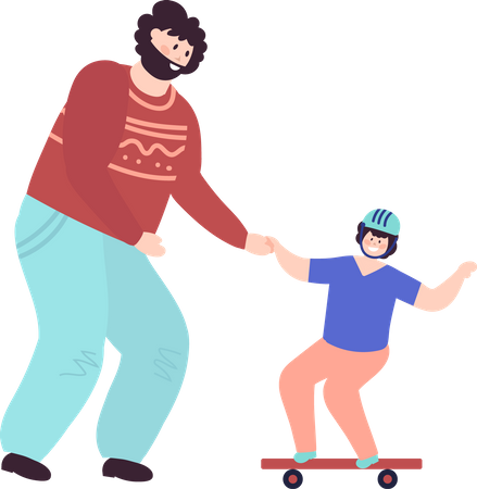 Father teaching son how to ride skateboard  Illustration