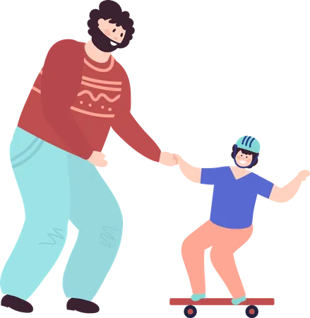 Father teaching son how to ride skateboard  Illustration