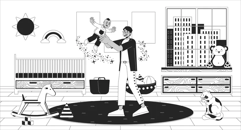 Father Throwing Baby In Air Black And White Line Illustration Middle Eastern Dad Infant Playtime In Nursery 2 D Characters Monochrome Background Male Parent And Toddler Outline Scene Vector Image Illustration