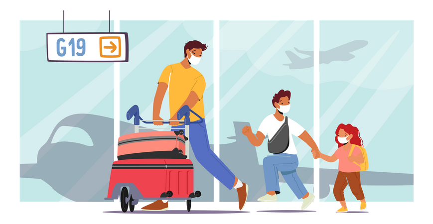 Father Travelling With Little Daughter And Son  Illustration