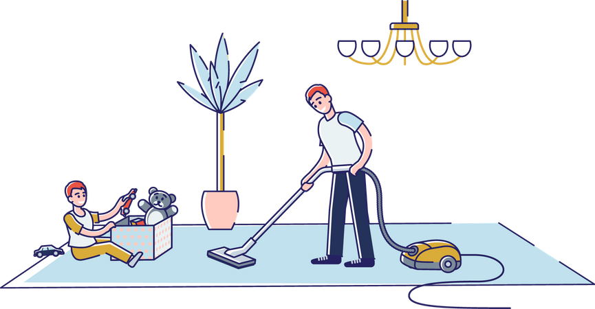 Father vacuuming house floor while kid playing with toys Illustration
