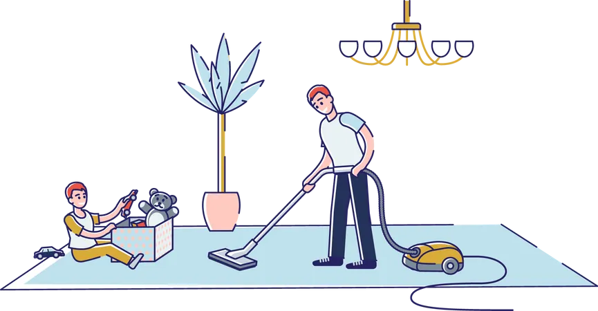 Father vacuuming house floor while kid playing with toys Illustration