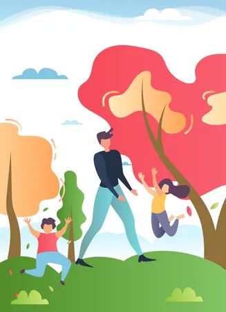 Father Walking in Park with Happy Children  Illustration