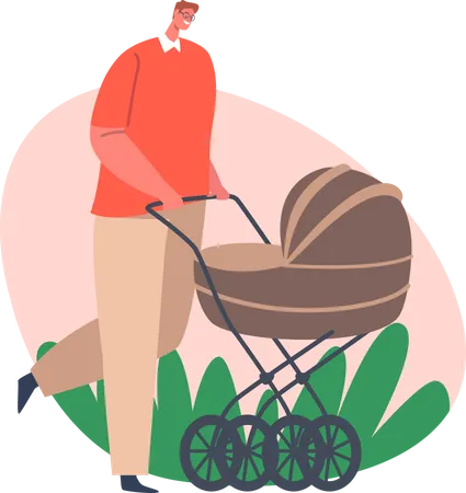 Father walking while pushing baby stroller  Illustration