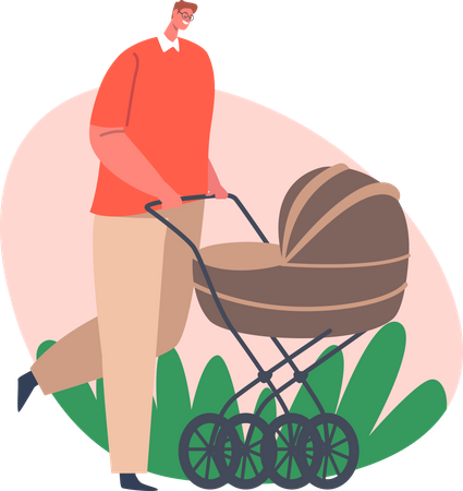 Father walking while pushing baby stroller  Illustration
