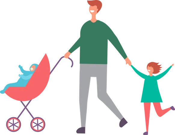 Father Walking With Kids Illustration
