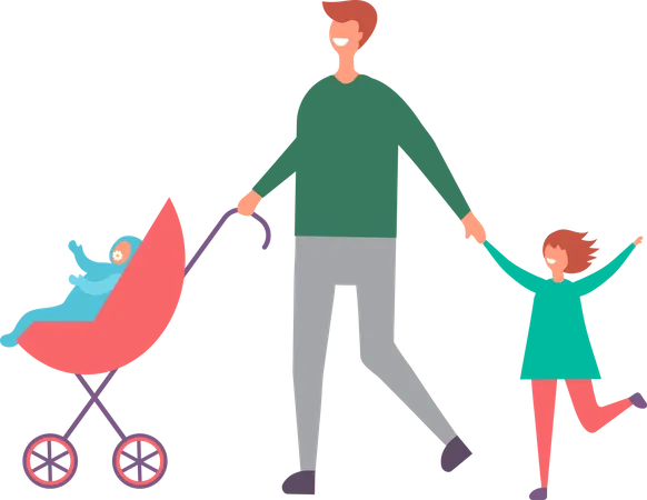 Father Walking With Kids  Illustration