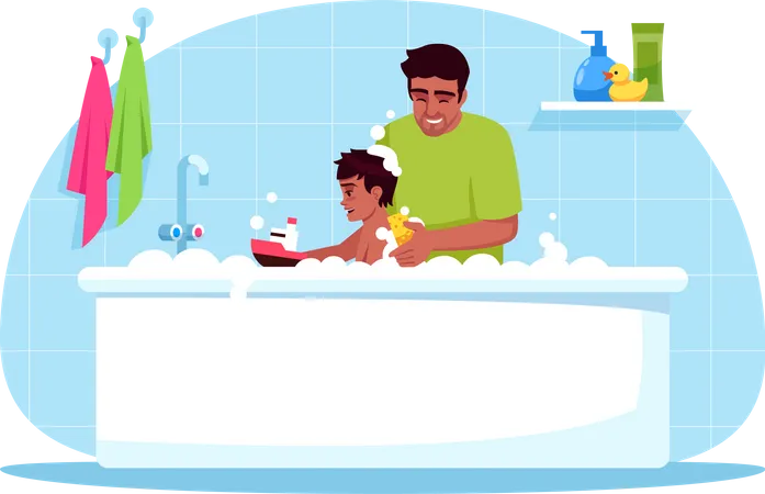 Father Washes Son Semi Flat RGB Color Vector Illustration Family Time Daddy Give Baby Bubble Bath Child Care And Hygiene Dad With Toddler Isolated Cartoon Character On Blue Background Illustration
