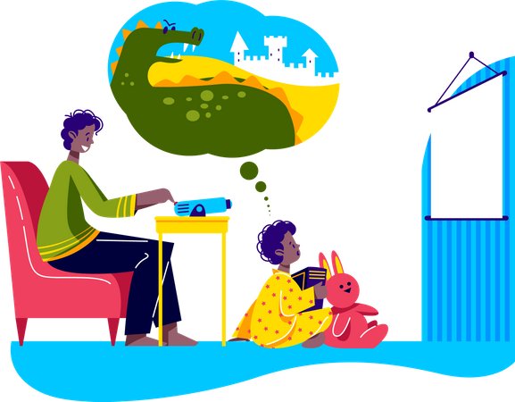 Father watch fairy tales with little son using film projector Illustration