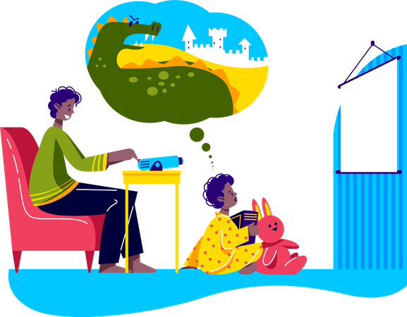 Father watch fairy tales with little son using film projector  Illustration