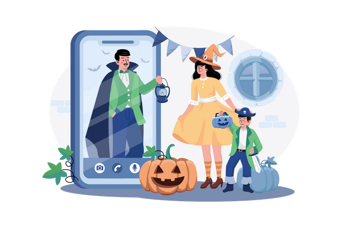 Father wishing happy Halloween to family through video call Illustration