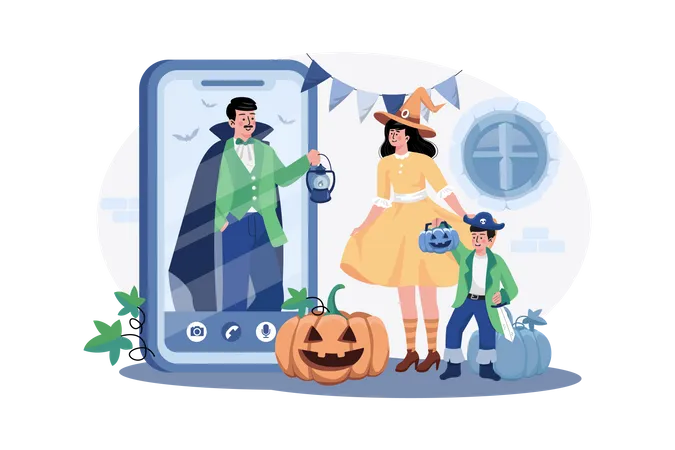 Father wishing happy Halloween to family through video call Illustration