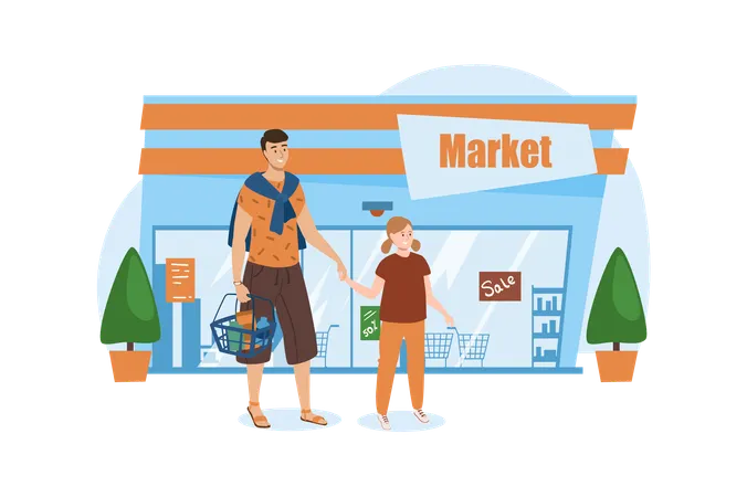 Shop Blue Concept With People Scene In The Flat Cartoon Style Father With A Daughter Go To The Supermarket Buy Some Products Vector Illustration イラスト