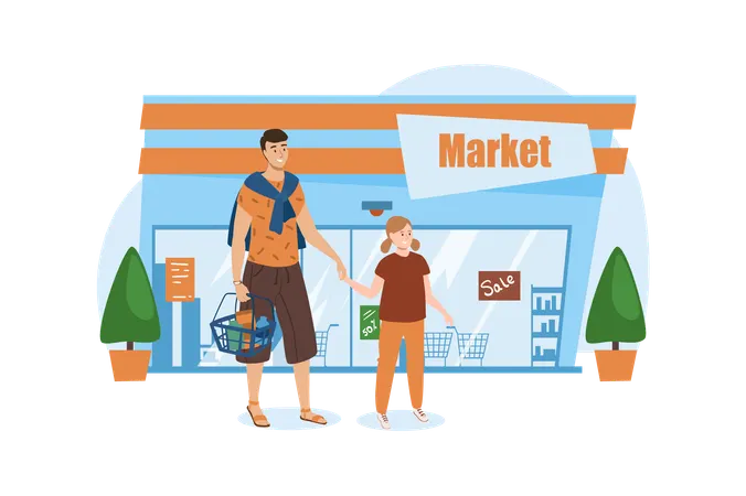 Father with a daughter go to the supermarket buy some products  Illustration