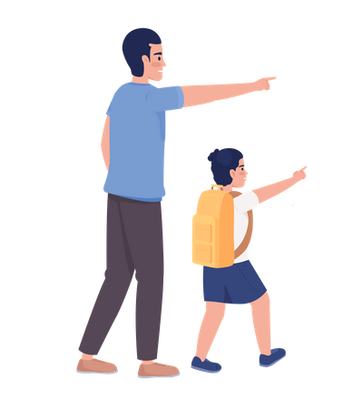 Father with boy pointing fingers on right side  Illustration