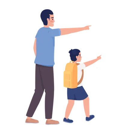 Father with boy pointing fingers on right side  Illustration