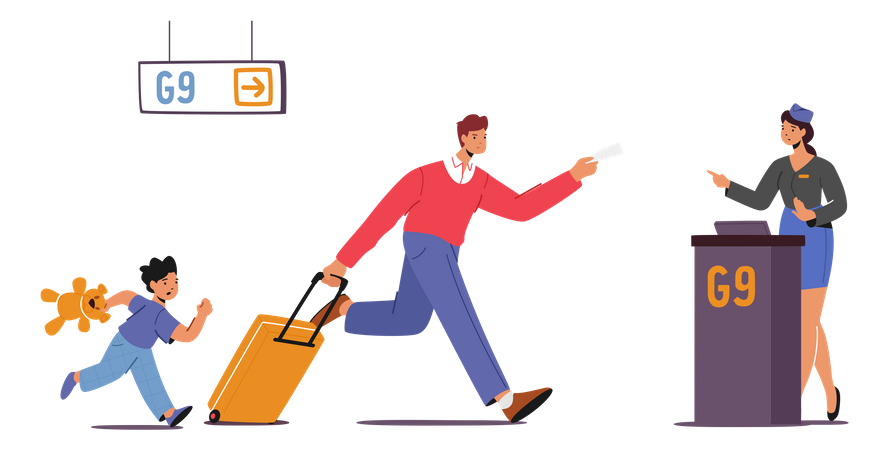 Father With Child Late For Plane Boarding  Illustration