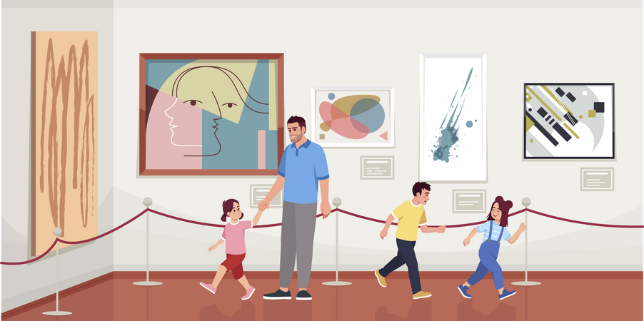 Father with children in modern art gallery Illustration