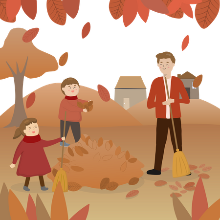 Father with daughter and son sweeping leaves  Illustration