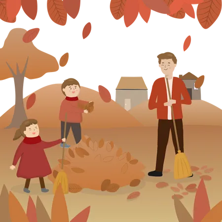 Father with daughter and son sweeping leaves  Illustration