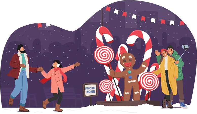 Loving Couple Father With Daughter Characters At Christmas Fair Photo Zone With Gingerbread Man Lollipops And Candy Cane Decorations Capturing Holiday Joy And Memories Cartoon Vector Illustration Illustration