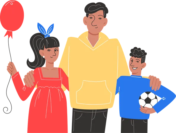 A Happy Family Of Father Son And Daughter Are Standing Next To Each Other Illustration