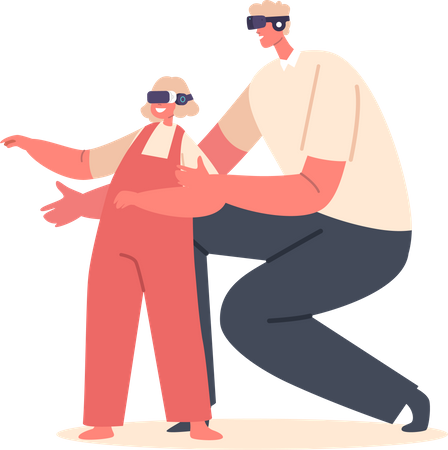 Father with little daughter wearing vr glasses  Illustration