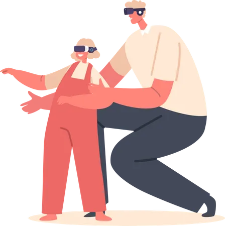 Father With Little Daughter Wearing Vr Glasses Isolated White Characters Lost In World Of Virtual Reality Immersive Experience Of Vr Gaming Or Educational Tech Cartoon People Vector Illustration Illustration