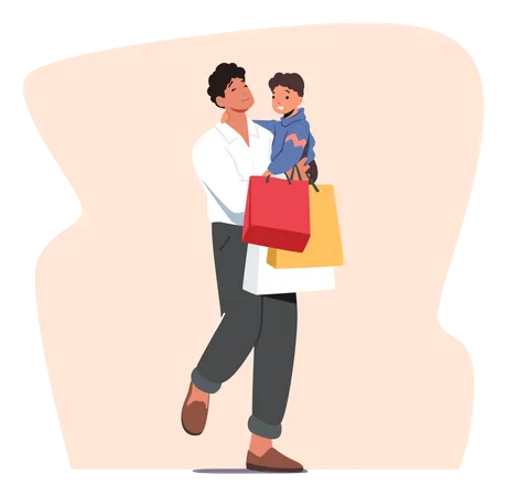 Father With Little Son On Hands Holding Colorful Paper Bags Illustration